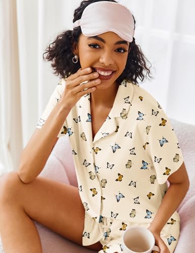 Image of Ekouaer Pajamas Set for Women Short Sleeve Sleepwear Button Down Pjs Lounge Sets Soft Nightwear