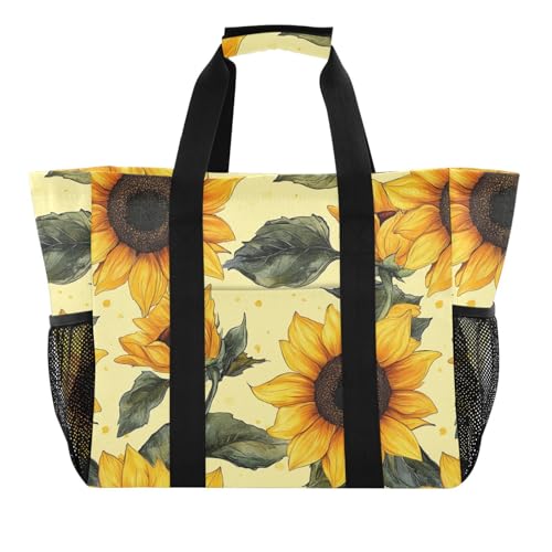 JUNZAN Yellow Sunflowers in Beige Utility Tote Foldable Beach Tote Bag With Compartments Reusable Shopping Bags with Handles Travel Laundry Bag2