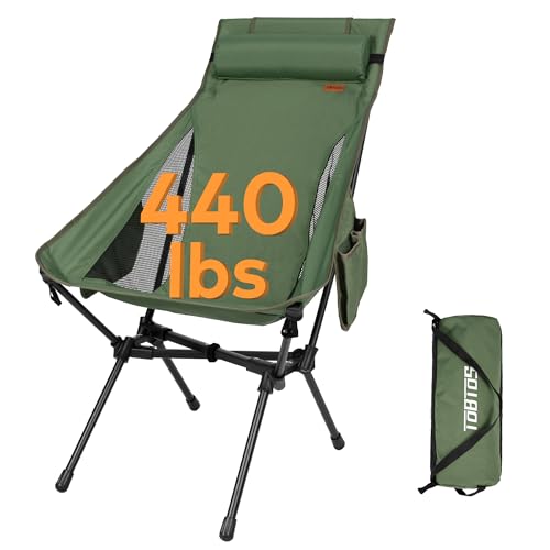 TOBTOS Portable High Back Camping Chair, Support Heavy Duty 440 lbs, Compact Folding Chair with Detachable Pillow for Camp, Hiking, Backpacking (Green)