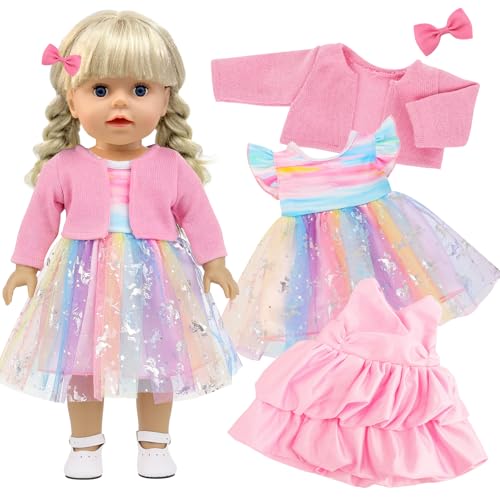 Xerteam 2 Set Puppenkleidung für Baby Puppen 35-43 cm, 1 Rosa Faltenrock 1 Regenbogen Kleid 1 Rosa Jacke 1 Coole Brille 1 Haarnadel, Regenbogenfarbverlauf Klamotten, Fantasiegeschenk für Kinder