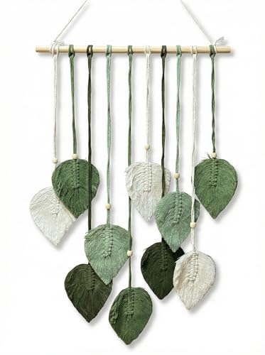 Image of JH Gallery Handmade Macrame Leaf Wall Hanging - Boho Cotton Tapestry with Wooden Beads for Elegant Bedroom, Living Room & Balcony Decor(Green and White)