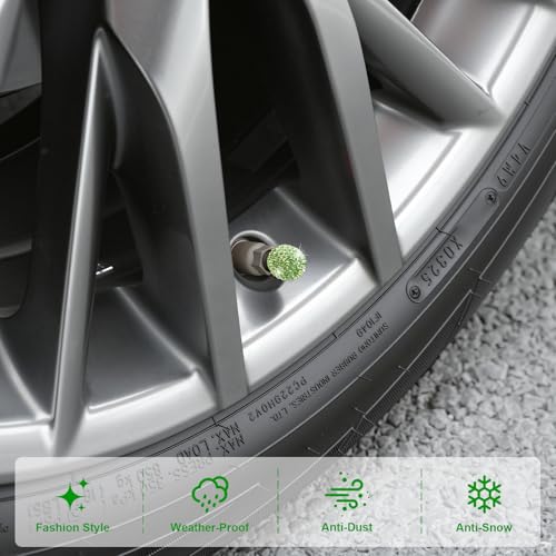 Image of JUSTTOP 4 Pack Handmade Crystal Rhinestone Car Tire Valve Stem Caps, Universal for Cars, Trucks and Motorcycles - Green