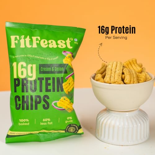Image of FitFeast Cream and Onion Protein Chips, Pack of 12 | 16g Plant Protein Per 60g Pack | Multigrain Healthy Snack | Baked, not Fried | As Seen on Shark Tank