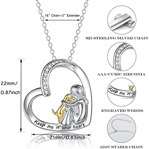 USEEDOVIA Girls and Dog Necklace Gifts for Women | Sterling Silver Dog Girls Heart Pendant Necklaces | Cubic Zirconia CZ Necklaces Birthday Friendship Memorial Gifts for Dog Lovers Friends Teens