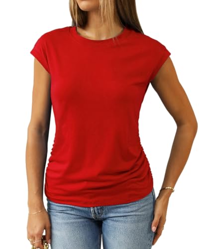 Abardsion Women's Trendy Going Out Tops 2025 Summer Clothes Elegant Cap Sleeve Crew Neck Loose Fit T Shirts