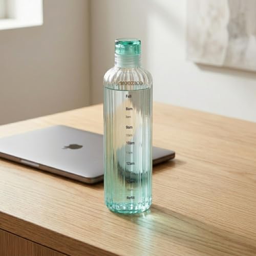 Image of Glass Water Bottle for Adults, Student Direct Drinking Freezer Safe, Leak Proof, Gym Travel On-The-Go Hotel-Style Design Borosilicate Glass Water Bottle With Time Marker (Green Lining)