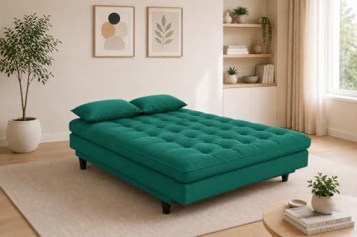 Image of 3-Seater Velvet Sofa Cum Bed | Tufted Convertible Sleeper Sofa | Plush Cushioned Seating | Space-Saving Design for Living Room, Bedroom & Office | Green