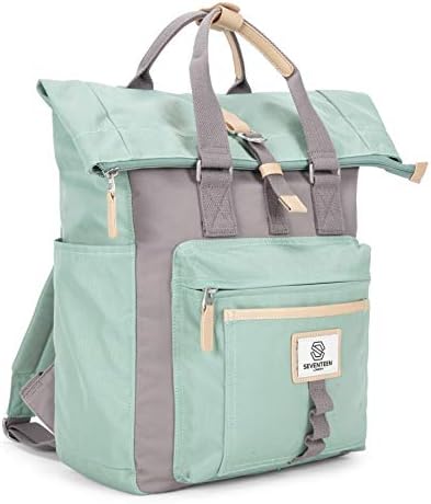 SEVENTEEN LONDON  Modern Cycling Pastel Green & Grey 'Canary Wharf' Fold Roll Top Backpack in a Classic Slim Urban Design  Fits Laptops up to 15"
