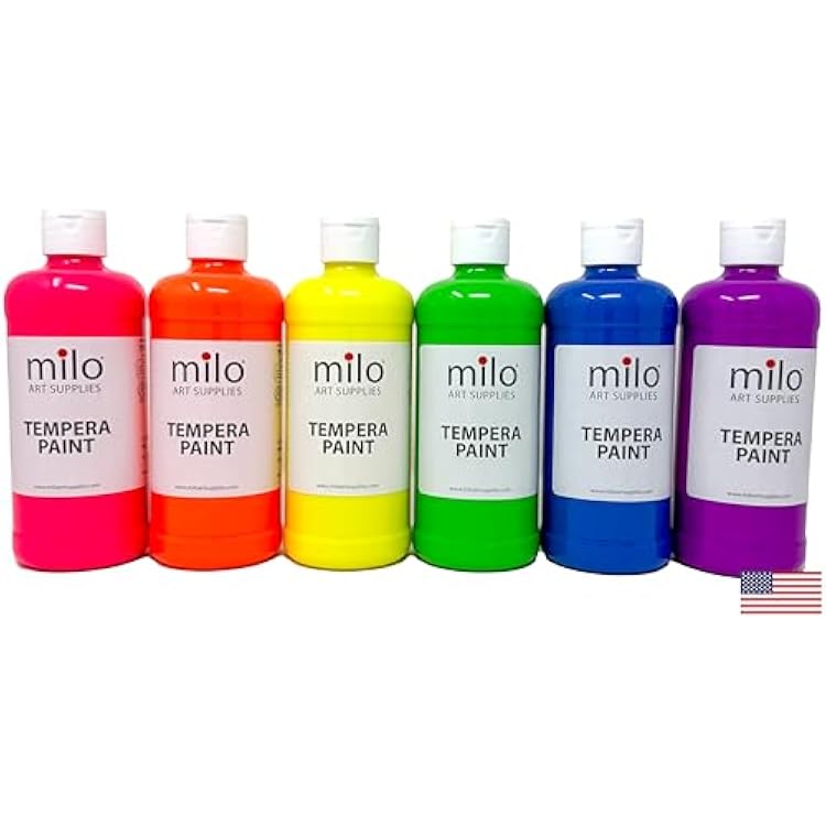 milo Fluorescent Neon Washable Tempera Paint | 16 oz Bottles 6 Colors | Made in the USA | Glows UV in Black Light | Safe & Non-Toxic Paint for Arts & Crafts, Poster, Window, Classroom, School, Project