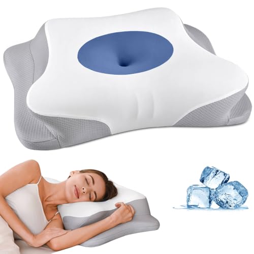 Image of Cervical Neck Pillow for Pain Relief, Contour Memory Foam Pillows for Sleeping, Ergonomic Pillow Orthopedic Cooling Pillow Bed Pillow Neck Support for Side Back Stomach Sleepers (Blue&White)