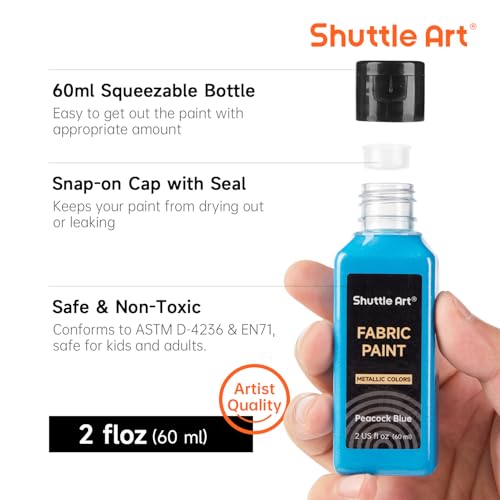 Metallic Fabric Paint, Shuttle Art 18 Metallic Colors Permanent Soft Fabric Paint in Bottles (60ml/2oz) with Brush and Stencils, Non-Toxic Textile Paint for T-shirts, Shoes, Jeans, Bags & DIY Projects - Thumbnail 3