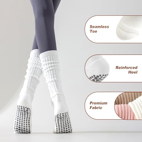 Pilates Socks with Grips for Women, 3 Pairs Long Scrunch Non Slip Yoga Barre Workout Slouch Socks3