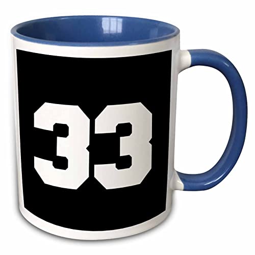 3dRose Number 33, thirty three, white on a black 11oz Two-Tone Blue Mug