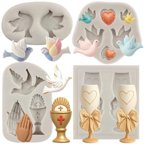 MYPRACS Lot De 4 Moules En Silicone Pour Communion En Verre à Vin Gobelet Fondant Colombe Oiseau Moule à Main En Prière Pour Décoration De Gâteaux Cupcakes Bonbons Argile Polymère Pâte à Gomme