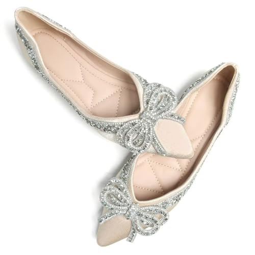 Women's Slip on Flats,Fashion Classic Pointed Toe Solid Pearl Bow Women's Flats, Gentle Shallow Rhinestone Satin Upper Soft Comfortable Flat Shoes4