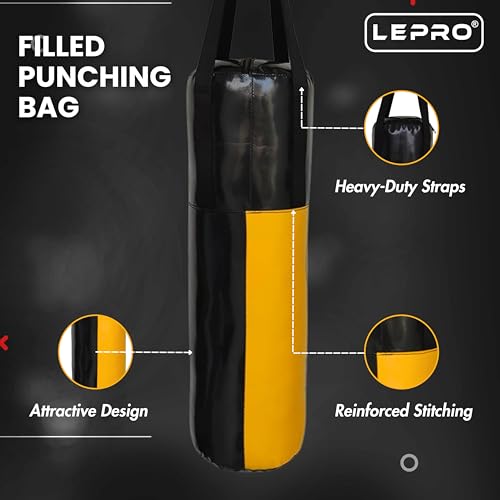 Image of LEPRO Kids Boxing Kit - Hanging Punching Bag Set with Boxing Gloves, Headgear & More for 7-12 Year Olds (Yellow)