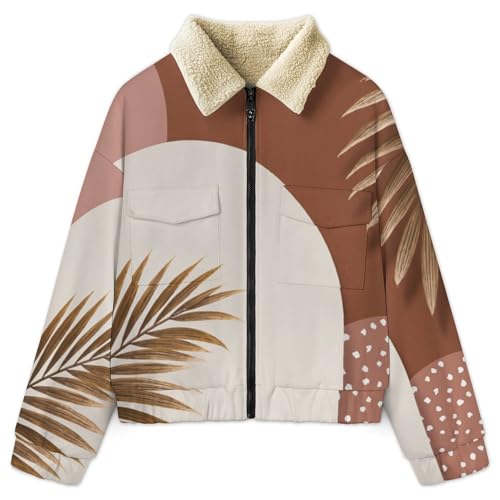 Blouson polaire femme imprimé plantes style bohème chic de couleur terre cuite