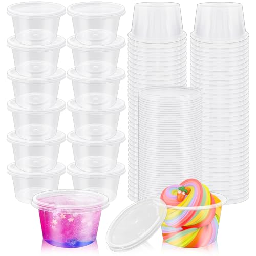Szsrcywd 50 Sets 4 Oz Clear Slime Containers with Lids Disposable Portion Condiment Container Jello Shot Cups for Meal Prep Dipping Sauces Salad Dressing