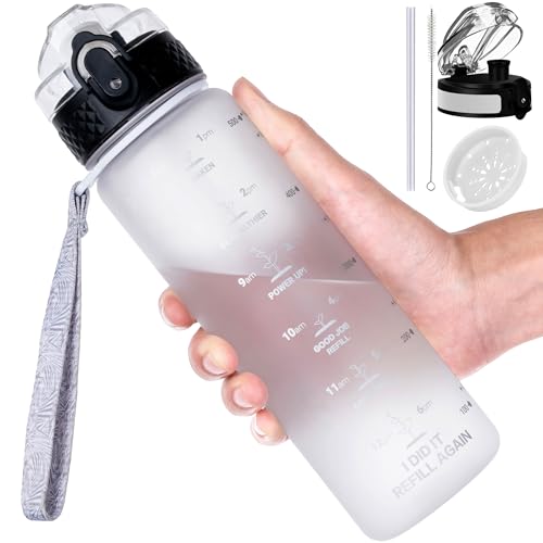 GOPPUS 500ml/17oz Borraccia per Bambini con Cannuccia Senza BPA Borraccia per Bevande a Tenuta Stagna per Scuola Tritan Borraccia Sportiva Riutilizzabile con Marcature del Tempo con 2 Coperchi