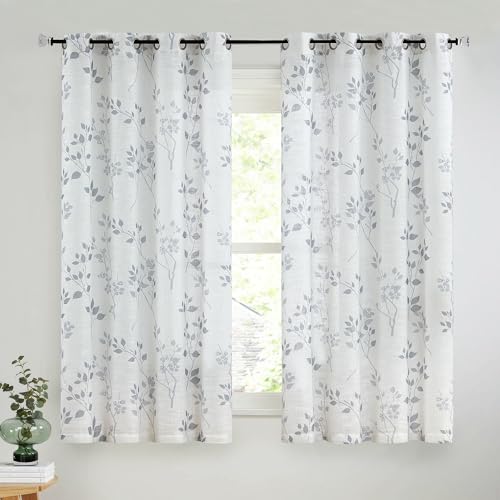 Image of Beauoop Floral Linen Semi Sheer Curtains Living Room Grey 50x54 2 Panels