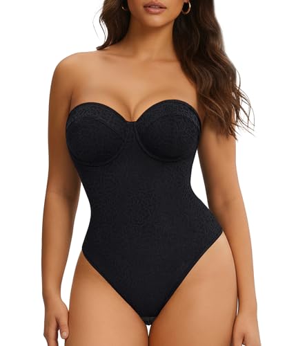 Nebility Strapless Shapewear Bodysuit for Women - Thong Body Suits Tummy Control Tube Top Underwire Lace Corset with Removable Strap