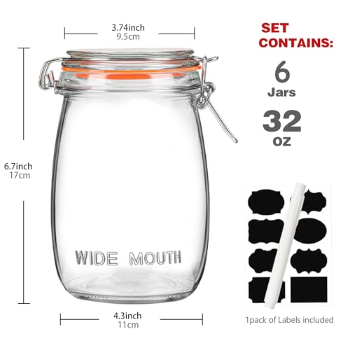 Image of 32oz Wide Mouth Mason Jars (6 Pack) - Reusable Airtight Glass Storage Jars with Hinged Lids, BPA-Free, Dishwasher Safe, Perfect for Canning, Pickling, Coffee & Fermenting