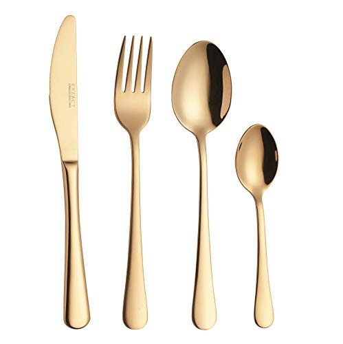 Exzact Cutlery Set 16pcs Stainless Steel 18/10 Dishwasher Safe - 4 x Forks, 4 x Knives, 4 x Dinner Spoons, 4 x Teaspoons - Serves for 4 (Golden)
