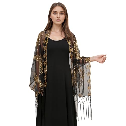 LMVERNA 1920s Sequined Flower Shawl Wraps Fringed Evening Cape Wedding Bridal Shawl Scarf for Evening Dresses Party