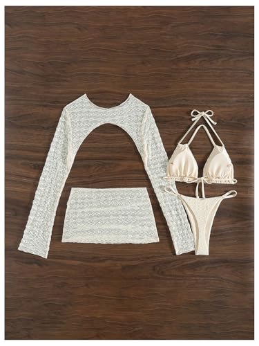 Milumia Women's 4 Piece Bikini Set Textured Halter String Triangle Swimsuit with Cover Up3