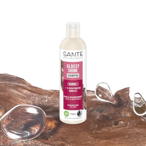 SANTE Naturkosmetik Glossy Shine Shampoo Bio-Birkenblattextrakt + 3-Fach Protein Komplex, vegane und feuchtigkeitsspendende Haarpflege für mehr Glanz und Geschmeidigkeit, mit zartem Kokosduft, 250ml