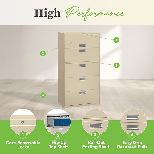 Image of HON 5 Drawer Lateral File Cabinet with Lock, Metal Filing Cabinets for Offices, Adjustable Hangrails for A4, Legal, Letter Files, 18 inch Deep, Putty