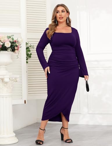 Image of ZOMVA 2024 Plus Size Cocktail Dress Comfortable Bell Sleeves Wedding Guest Square Neck Semi Formal