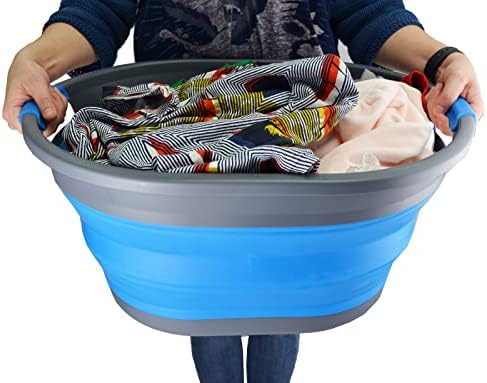 SAMMART 32L (8.4 gallon) Collapsible Plastic Laundry Basket - Foldable Pop Up Storage Container - Portable Washing Tub, Water Capacity: 24L (6.3 gallon) (1, Grey/Blue)
