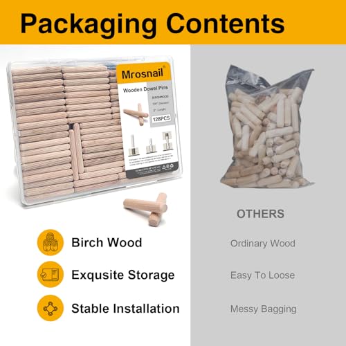 128 Pcs Wooden Dowel Pins, 1/4 x 2 inch Fluted Wood Dowels Hardwood Pegs for Deep Furniture Joints, Wood Signs, Toy Building - Thumbnail 3