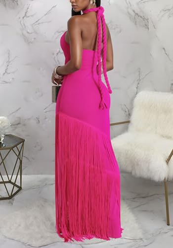 Image of Kwunbwa Women's Sexy Halter Backless Maxi Dress Cut Out Sleeveless Bodycon Long Fringes Club Party Cocktail Dresses