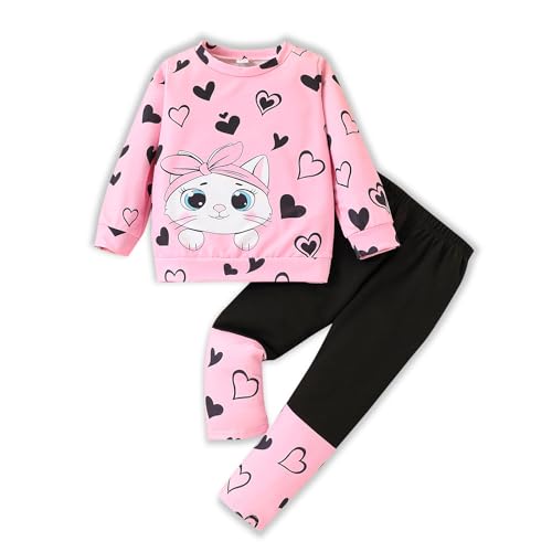 Image of Kids Toddler Girl Clothes Heart Letter Print Long-sleeved round collar top+Letter Print Pants Outfits Set
