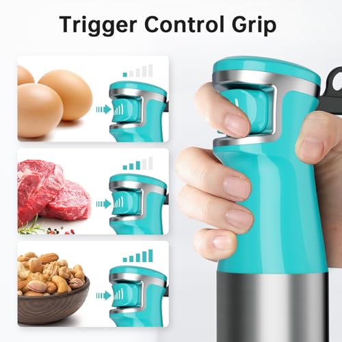 Image of Turelar Immersion Blender Handheld Corded Hand Blenders Set 1100W, Trigger Variable Speed 5 in 1 Stick Emulsifier with Chopper, Whisk and Frother for Soup, Baby Food and Smoothies, Cyan Blue