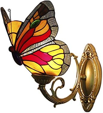 LITFAD Butterfly Accent Wall Lamp Tiffany Style Wall Sconce Stained Glass LED Wall Light Fixture in Red for Bedroom Living Room Restaurant Hotel