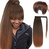 long Yaki Straight Ponytail Extensions with Bangs for Black Women T1B/30 24inch Synthetic Kinky Straight Wrap Around Magic Paste Ponytail with Bangs Natural Looking Hair Hairpiece for Women(T30)