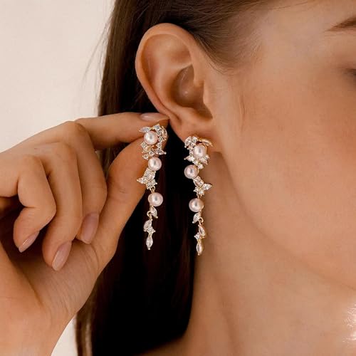 Dangle Earrings for Women, 14k Gold Plated Pearl Drop Earring With Diamond Dainty Gold Earrings for Women Trendy Cute Prom Bridal Earring Long Wedding Earring Formal Jewelry2