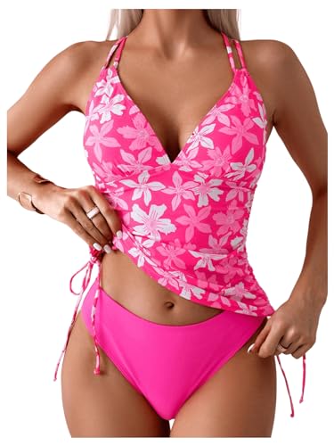 Tankini 2 pièces à cordon de serrage pour sculpter la silhouette avec string fleuri
