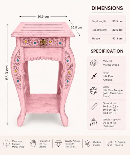 Image of Multipurpose Table Outdoor Indoor Stool Flower Vase Stool with One Drawer Material Mango Wood Size 30.5CM x 30.5CM x 53.3CM (Lite Pink Antique)