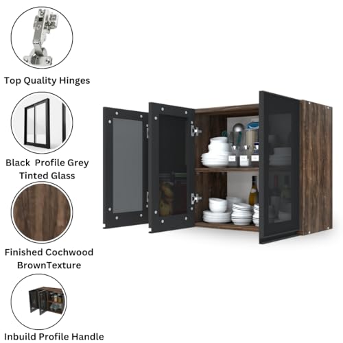Image of SPECIALITY PANELS Multipurpose Cabinet with Modern Elegance Tinted Glass Wall Cabinet, Space Organizer for Office /Kitchen in (Cochwood Brown, 3 Glass Shutter)