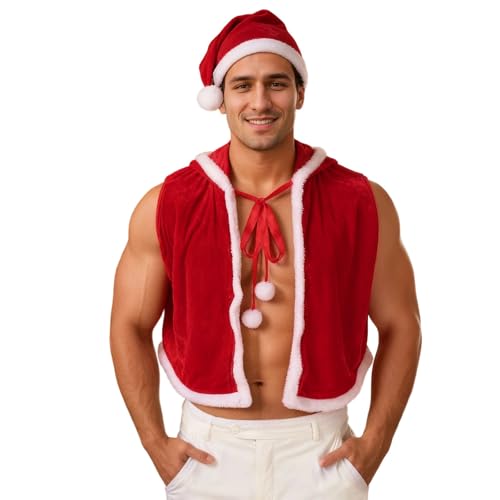 WAZHAKU Sexy Weihnachtskostüm Männer Herren Weihnachten Sexy Weihnachtsmann Kostüm Weihnachten Kurzer Roter Kapuzenumhang Hut Outfit Ankleidekleid...