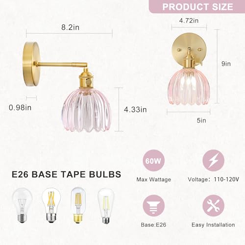 Image of Hardwired Wall Sconce Light, Vintage Wall Sconce with Switch, Gold Wall Light Fixture with Tulip Pink Glass Lampshade, Indoor Wall Light for Bedroom Bathroom, Bedside Wall Lamp