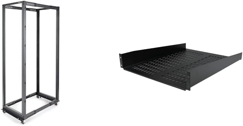 StarTech.com 42U 19" Open Frame Server Rack & 2U Server Rack Shelf - Universal Vented Rack Mount Cantilever Tray for 19" Network Equipment Rack & Cabinet - Heavy Duty Steel