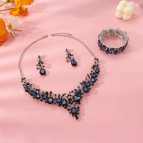Elegant Bridal Wedding Jewelry Set for Women/Brides/Bridesmaids Teardrop Crystal Leaf Cluster Jewelry Set for Wedding Prom Party Bridal Bridesmaids Rhinestone Crystal Necklace Earrings Bracelet Set 5
