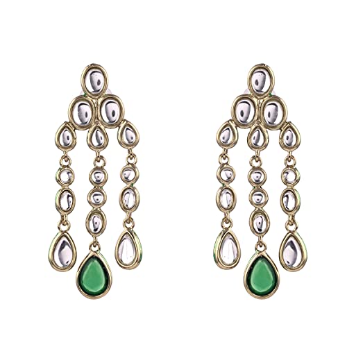 Estele Traditional Long Kundan Chandelier Earrings with green stone for women