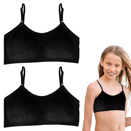 FUIPVGI 2 Stück Bustier Damen Baumwolle,Bustier Mädchen Gepolstert, Nahtloser Trainings -BH, Teens Unterwäsche mit Verstellbarem Schultergurt, Mädchen-Sport-BH, für 10–16 Jahre (Schwarz,Einheitsgröße)