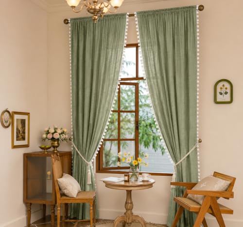 Image of THE LINEN COMPANY Sheer Cotton Curtains with Pom Pom Lace Rod Pocket Light Filtering Transparent Net Curtains for Window Door Living Room Avocado Green 4 Ft Pack of 2